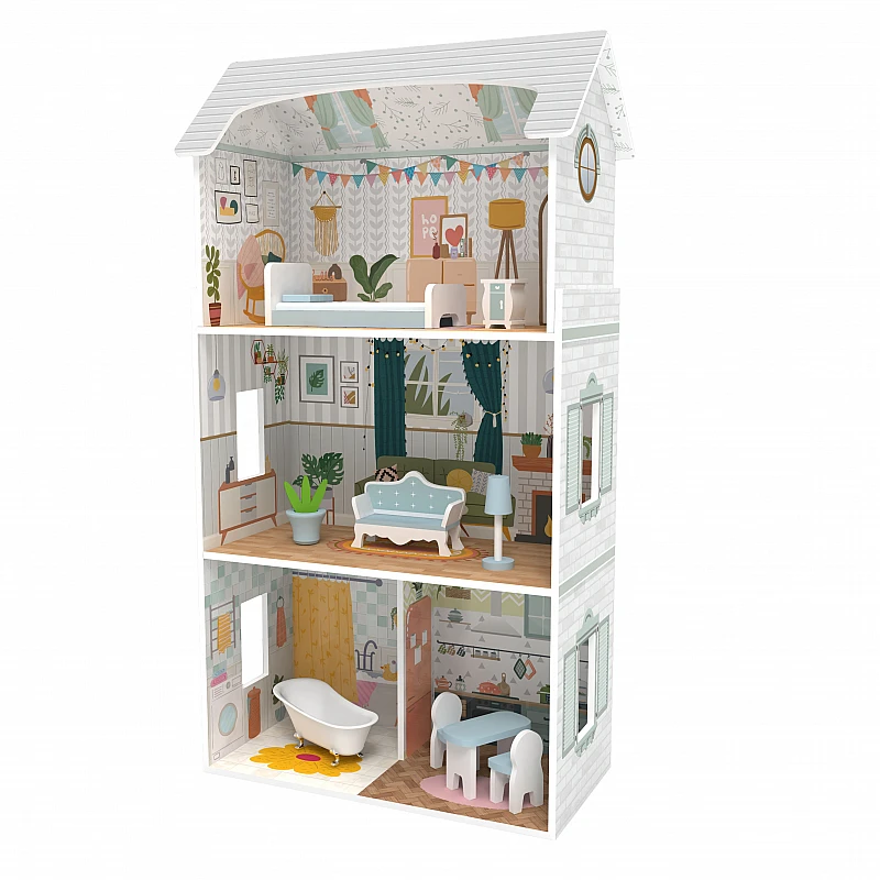 Детска дървена къща за кукли Kъща за Кукли с Мебели от Moni Toys